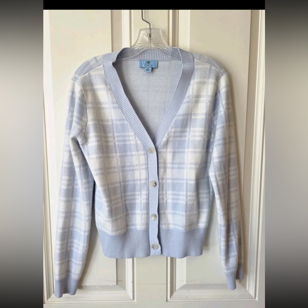 CeCe Light Blue and White Plaid Cardigan
